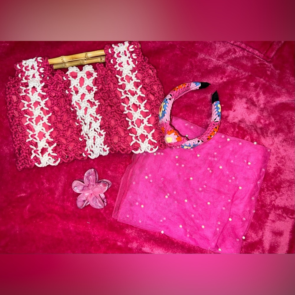 Womens pink crochet handbag and accessories